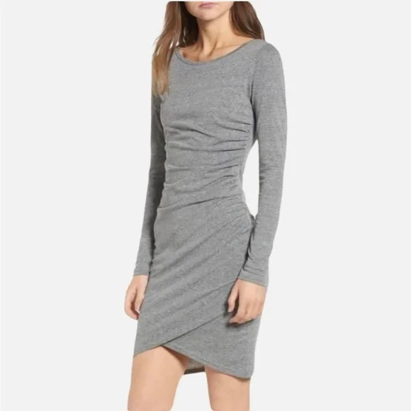 Leith Dress Bodycon Ruched Long Sleeve Cloudy Grey Crewneck Lightweight Sz Large - Picture 1 of 7
